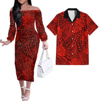 Hawaii Couples Matching Off Shoulder Long Sleeve Dress and Hawaiian Shirt Red Polynesian Tribal Art LT14 Red - Polynesian Pride