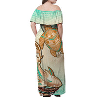Hawaii Off Shoulder Long Dress Polynesian Shark And Sea Turtle Dreamy Turquoise Artsy LT14 - Polynesian Pride