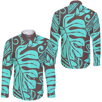Teal Polynesian Tropical Leaf Family Matching Off Shoulder Maxi Dress and Hawaiian Shirt LT14 Dad's Shirt - Long Sleeve Teal - Polynesian Pride
