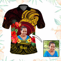 Custom Photo Papua New Guinea Polo Shirt Coat Of Arms Tropical Flowers Polynesian Pattern CTM05 Black - Polynesian Pride