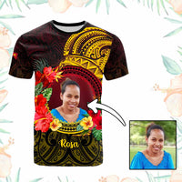 Custom Photo Papua New Guinea T Shirt Coat Of Arms Tropical Flowers Polynesian Pattern CTM05 Black - Polynesian Pride