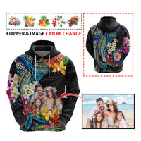 Custom Photo Polynesian Shark Tattoo Hoodie Beauty Pacific Flowers CTM09 - Polynesian Pride