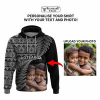Custom Upload Image Aotearoa Silver Fern Hoodie Black Taniko Motif CTM09 - Polynesian Pride