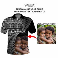 Custom Upload Image Aotearoa Silver Fern Polo Shirt Black Taniko Motif CTM09 - Polynesian Pride