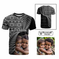 Custom Upload Image Aotearoa Silver Fern T Shirt Black Taniko Motif CTM09 Multicolor - Polynesian Pride