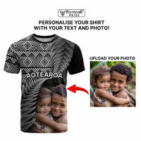 Custom Upload Image Aotearoa Silver Fern T Shirt Black Taniko Motif CTM09 - Polynesian Pride