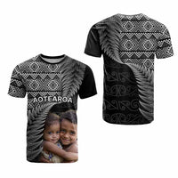 Custom Upload Image Aotearoa Silver Fern T Shirt Black Taniko Motif CTM09 - Polynesian Pride