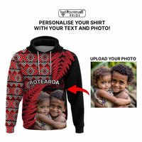 Custom Upload Image Aotearoa Silver Fern Hoodie Red Taniko Motif CTM09 - Polynesian Pride