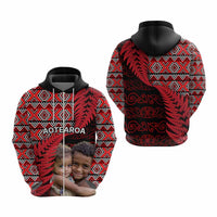 Custom Upload Image Aotearoa Silver Fern Hoodie Red Taniko Motif CTM09 - Polynesian Pride