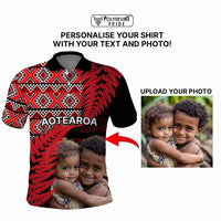 Custom Upload Image Aotearoa Silver Fern Polo Shirt Red Taniko Motif CTM09 - Polynesian Pride