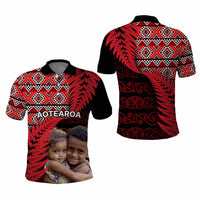 Custom Upload Image Aotearoa Silver Fern Polo Shirt Red Taniko Motif CTM09 - Polynesian Pride