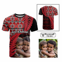 Custom Upload Image Aotearoa Silver Fern T Shirt Red Taniko Motif CTM09 Multicolor - Polynesian Pride