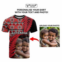 Custom Upload Image Aotearoa Silver Fern T Shirt Red Taniko Motif CTM09 - Polynesian Pride