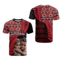 Custom Upload Image Aotearoa Silver Fern T Shirt Red Taniko Motif