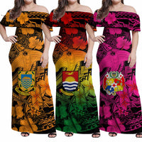 Custom Hawaii Tropical Off Shoulder Maxi Dress Hammerhead Shark and Coat of Arm Polynesian Island