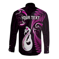 Personalised New Zealand Couples Off The Shoulder Long Sleeve Dress and Long Sleeve Button Shirts Aotearoa Silver Fern With Manaia Maori Unique Pink LT14 - Polynesian Pride