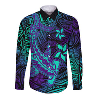 Purple Polynesian Couples Matching Off The Shoulder Long Sleeve Dress and Long Sleeve Button Shirt Tribal Hammerhead Shark LT14 - Polynesian Pride