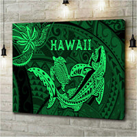 Hawaii Shark and Turtle 5 Pieces Canvas Wall Art With Green Kakau LT9 No Frame Green - Polynesian Pride