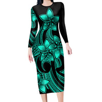 Polynesian Pride Plumeria Flowers Long Sleeve Dress Polynesian Tribal Aqua Vibe LT9 Polyester spandex Aqua - Polynesian Pride