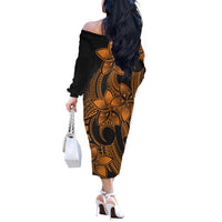 Polynesian Pride Plumeria Flowers Off Shoulder Long Sleeve Dress Polynesian Tribal Gold Vibe LT9 - Polynesian Pride