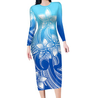 Polynesian Pride Plumeria Flowers Long Sleeve Dress Polynesian Tribal Gradient Blue LT9 Polyester spandex Gradient Blue - Polynesian Pride