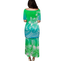 Polynesian Couple Outfits Plumeria Flowers Puletasi Dress and Hawaiian Shirt Polynesian Tribal Gradient Green LT9 - Polynesian Pride