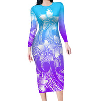 Polynesian Pride Plumeria Flowers Long Sleeve Dress Polynesian Tribal Gradient Purple LT9 Polyester spandex Gradient Purple - Polynesian Pride