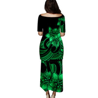 Polynesian Couple Outfits Plumeria Flowers Puletasi Dress and Hawaiian Shirt Polynesian Tribal Green Vibe LT9 - Polynesian Pride