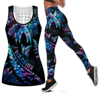 Polynesia Ribbon Butterflies Hollow Tank Top and Leggings Silver Fern Breast Cancer With Papua Shell Pattern LT9 Black - Polynesian Pride