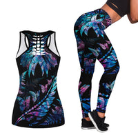 Polynesia Ribbon Butterflies Hollow Tank Top and Leggings Silver Fern Breast Cancer With Papua Shell Pattern LT9 - Polynesian Pride