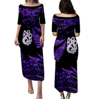 Couples Matching Hawaiian Outfits Matariki New Zealand Puletasi Dress and Hawaiian Shirt Manaia with Paua Shell - Purple LT9 - Polynesian Pride