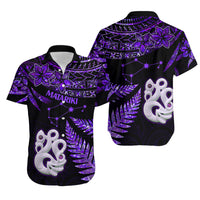 Couples Matching Hawaiian Outfits Matariki New Zealand Puletasi Dress and Hawaiian Shirt Manaia with Paua Shell - Purple LT9 - Polynesian Pride