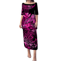 Matching Outfit For Couples Hawaii Monk Seal Puletasi Dress and Hawaiian Shirt Polynesian Kakau With Kanaka Pink LT14 - Polynesian Pride