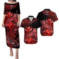 Matching Outfit For Couples Hawaii Monk Seal Puletasi Dress and Hawaiian Shirt Polynesian Kakau With Kanaka Red LT14 Red - Polynesian Pride