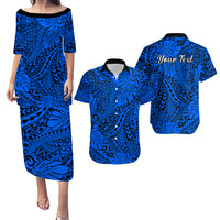 Personalised Hawaii Matching Couple Outfits For Vacation Puletasi Dress and Hawaiian Shirt Blue Polynesian Tribal Art LT14 Blue - Polynesian Pride
