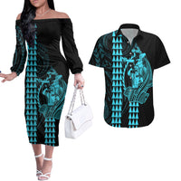 Polynesian Couples Matching Outfits Long Sleeve Dress And Long Sleeve Button Shirt Hawaiian Warrior and Aloha Girl With Hammerhead Shark Tattoos Light Blue LT6 Blue - Polynesian Pride