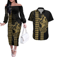 Polynesian Couples Matching Outfits Long Sleeve Dress And Long Sleeve Button Shirt Hawaiian Warrior and Aloha Girl With Hammerhead Shark Tattoos Gold LT6 Gold - Polynesian Pride
