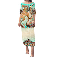 Hawaii Couples Matching Puletasi Dress And Hawaiian Shirt Polynesian Shark And Sea Turtle Dreamy Turquoise LT14 No Shirt Turquoise - Polynesian Pride
