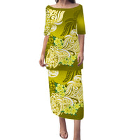Polynesian Matching Couple Outfit Floral Tribal Puletasi Dress and Hawaiian Shirt Yellow LT9 - Polynesian Pride