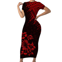 Hawaii Summer Couples Matching Outfits Combo Bodycon Dress And Hawaii Shirt Mix Polynesian Black-Red LT6 No Shirt - Polynesian Pride