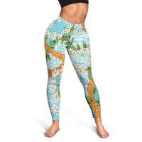 Aloha Festive Hawaii Leggings Mokihana - Maile and Ilima on Turquoise - Polynesian Pride