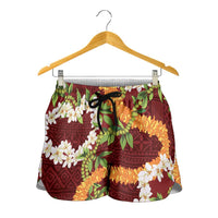 Aloha Festive Hawaii Shorts for Women Mokihana - Maile and Ilima on Crimson - Polynesian Pride