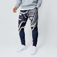 Aloha Hawaii Kalo Pikake Lei Jogger Pants Chest Tattoo Oxford Blue Hawaiian Pattern LT14 - Polynesian Pride