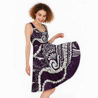 Aloha Hawaii Kalo Pikake Lei Midi Dress Chest Tattoo Purple Hawaiian Pattern
