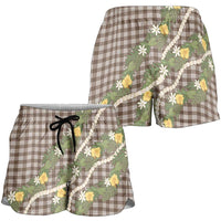 Aloha Puakenikeni Anthurium Pikake Lei Shorts for Women Chocolate Hawaiian Palaka Pattern LT9 - Polynesian Pride