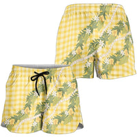 Aloha Puakenikeni Anthurium Pikake Lei Shorts for Women Gold Hawaiian Palaka Pattern LT9 - Polynesian Pride