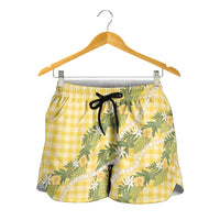 Aloha Puakenikeni Anthurium Pikake Lei Shorts for Women Gold Hawaiian Palaka Pattern LT9 - Polynesian Pride