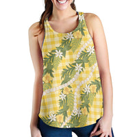 Aloha Puakenikeni Anthurium Pikake Lei Women Racerback Tank Gold Hawaiian Palaka Pattern LT9 - Polynesian Pride