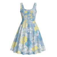 Anthurium Plumeria Lei Pastel Midi Dress Blue Hawaiian Splendid Palaka