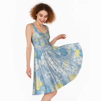 Anthurium Plumeria Lei Pastel Midi Dress Blue Hawaiian Splendid Palaka